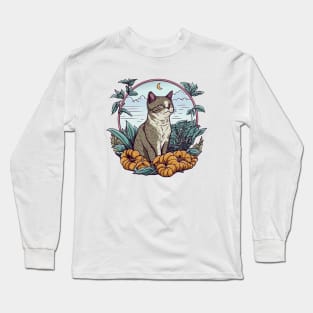 Beautiful Cute Cat Sit in the Park Full of Flower Long Sleeve T-Shirt